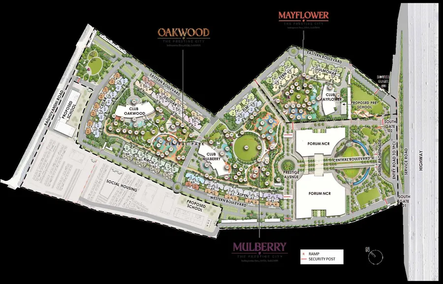 The Prestige City Ghaziabad master plan — Mulberry, Oakwood and Mayflower parcels with Forum NCR